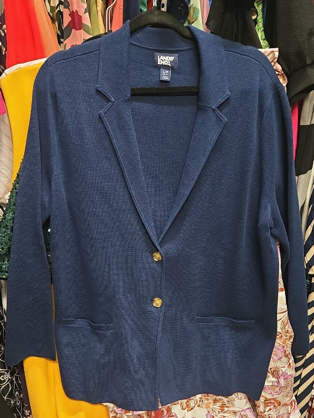 Lands' End Navy Knit Blazer Cardigan with Gold Buttons